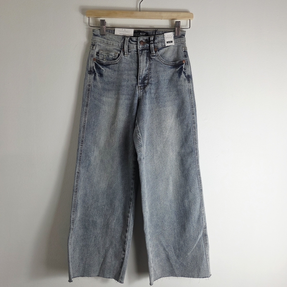 Judy Blue Mid Rise Wide Leg Crop Jeans with Raw Hem
